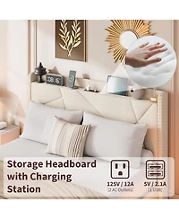 gaomon Queen Floating Bed Frame with Rgb Led Lights & Charging Station - Upholstered Suspended Bed, Storage Headboard, No Box Spring Needed