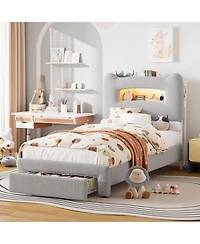 gaomon Upholstered Twin Bed Frame with Headboard, 2-Tier Storage, Charging Station & Drawer, Metal Platform, No Box Spring Needed