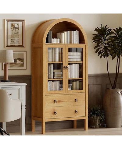 Gaomon 71" Arched Farmhouse Pantry Cabinet with Glass Doors, 2 Drawers & Adjustable Shelves, Display Hutch for Kitchen Dining Living Room