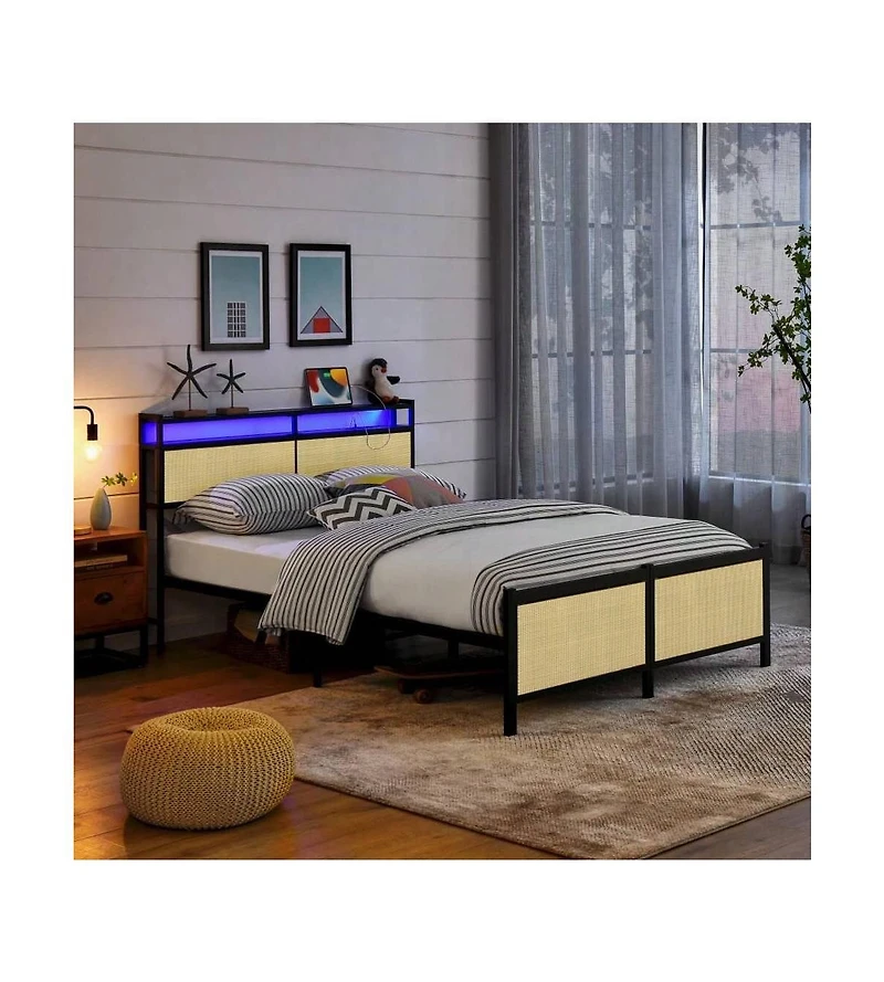 gaomon Full Size/Queen Size Bed Frame with Rattan Headboard, Metal Platform Bed with Led Light Usb Charging Port