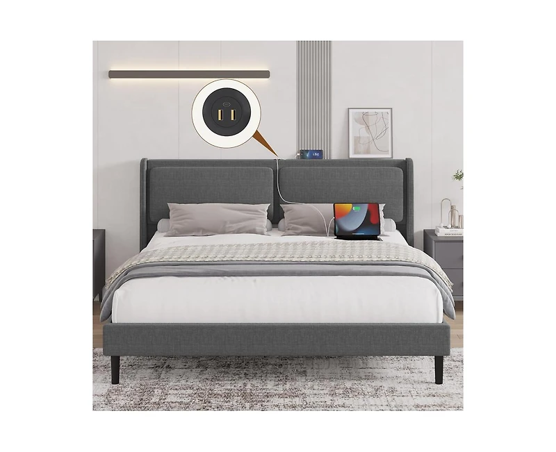 gaomon Queen Bed Frame with Usb Ports, Platform Bed Frame with Linen Fabric Adjustable Headboard
