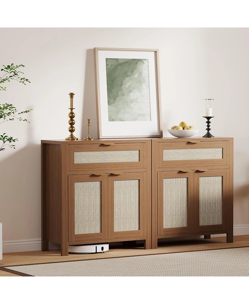 gaomon Rattan Buffet Cabinet with Storage, Narrow Sideboard Doors & Drawer, Wood Console Table for Living Room