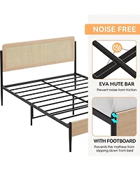 Gaomon Boho Bed Frame with Rattan Headboard & Wood Footboard, Under Bed Storage