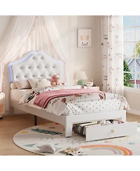 Gaomon Twin Size Upholstered Bed Frame with Led Headboard Lights & Storage Drawer, Noise Free, Platform Bed for Kids and Teens