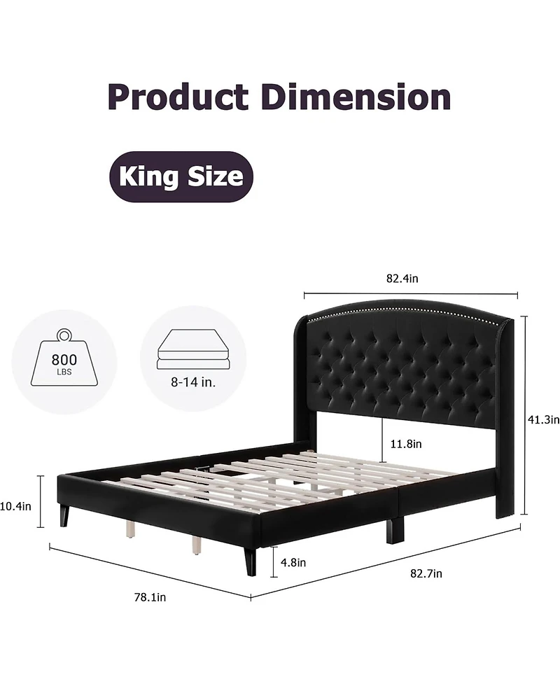 Gaomon King Velvet Platform Bed with Wingback Tufted Headboard & Wood Slats, No Box Spring Required