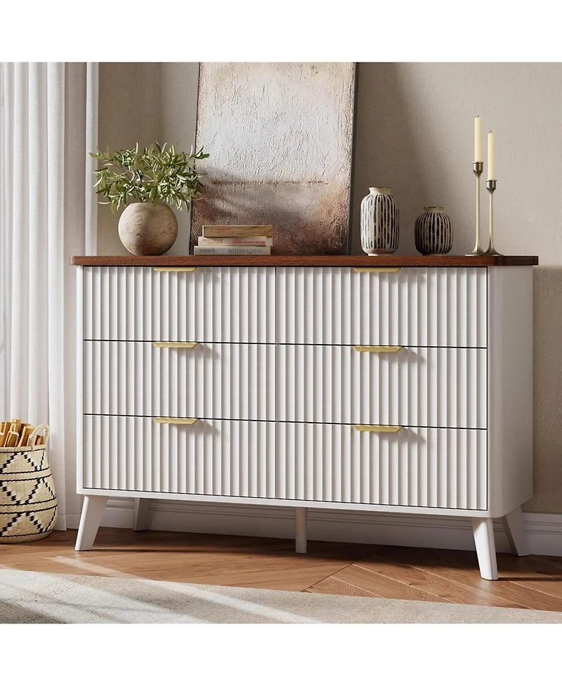 gaomon Fluted Dresser for Bedroom with 6 Deep Drawers, 47in Tall Chest of Drawers with Faux Marble Top, Curved Profile Design