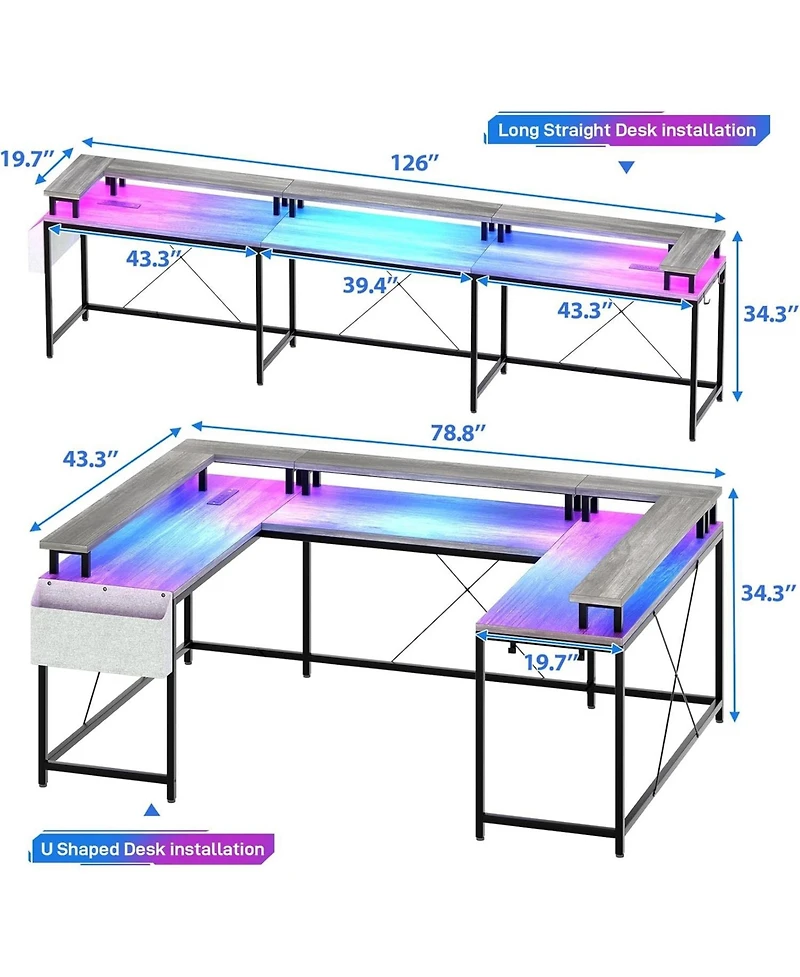 gaomon 78" Wooden Power Outlets & Rgb Led, Reversible L-Shaped Home Office Desk with Storage U-Shaped Gaming Computer Desk