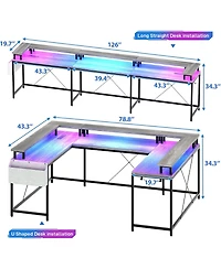 gaomon 78" Wooden Power Outlets & Rgb Led, Reversible L-Shaped Home Office Desk with Storage U-Shaped Gaming Computer Desk