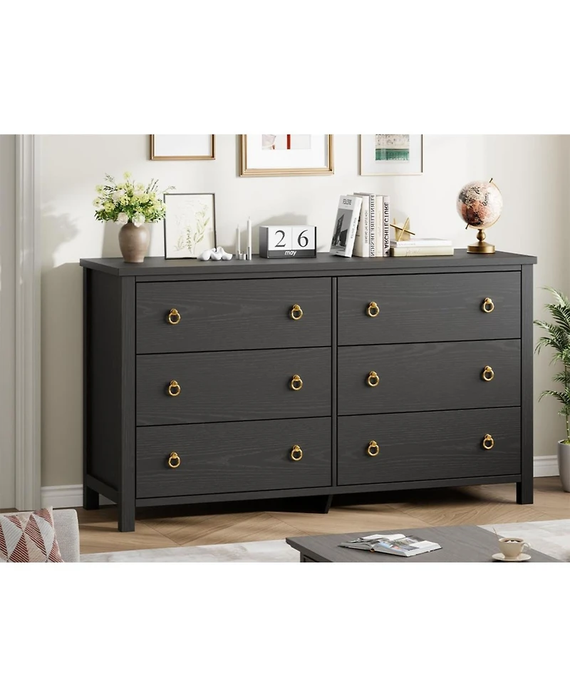 gaomon 6-Drawer Black Wooden Chest, 54" Wide, Large Storage for Nursery, Living Room, Hallway, Bedroom