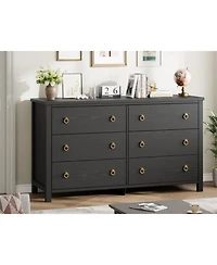 gaomon 6-Drawer Black Wooden Chest, 54" Wide, Large Storage for Nursery, Living Room, Hallway, Bedroom