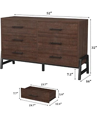 gaomon Brown 52 Inch 6-Drawer Freestanding Dresser, Wide Closet Storage Chest for Living Room, Bedroom, Entryway