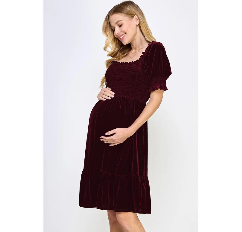 Hello Miz Maternity Velvet Empire Waist Puff Sleeve Smocked Neck Dress