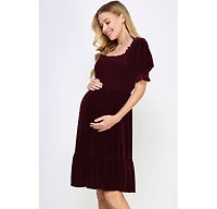 Hello Miz Maternity Velvet Empire Waist Puff Sleeve Smocked Neck Dress