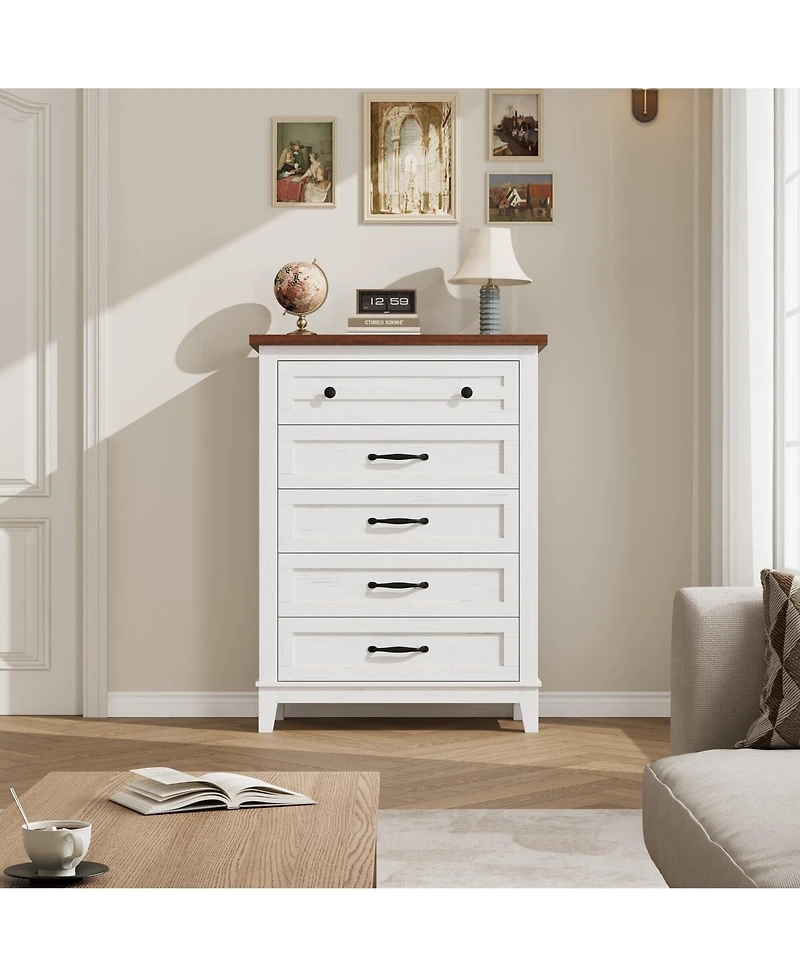 gaomon 5-Drawer White Freestanding Wooden Chest, 41.3" Tall, Brown Top, Vertical Dresser for Living Room, Bedroom