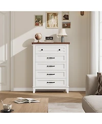 gaomon 5-Drawer White Freestanding Wooden Chest, 41.3" Tall, Brown Top, Vertical Dresser for Living Room, Bedroom