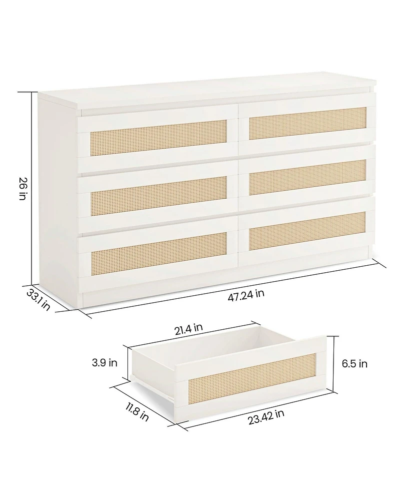 gaomon Rattan 6 Drawer Dresser for Bedroom, Modern Double Dresser with Anti-Tip Kit, Chest Organizer
