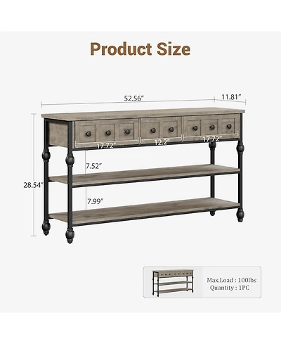 gaomon 52 Inch 3-Drawer Industrial Metal 3-Tier Sofa Table Behind Couch, Hallway Storage Entryway Table