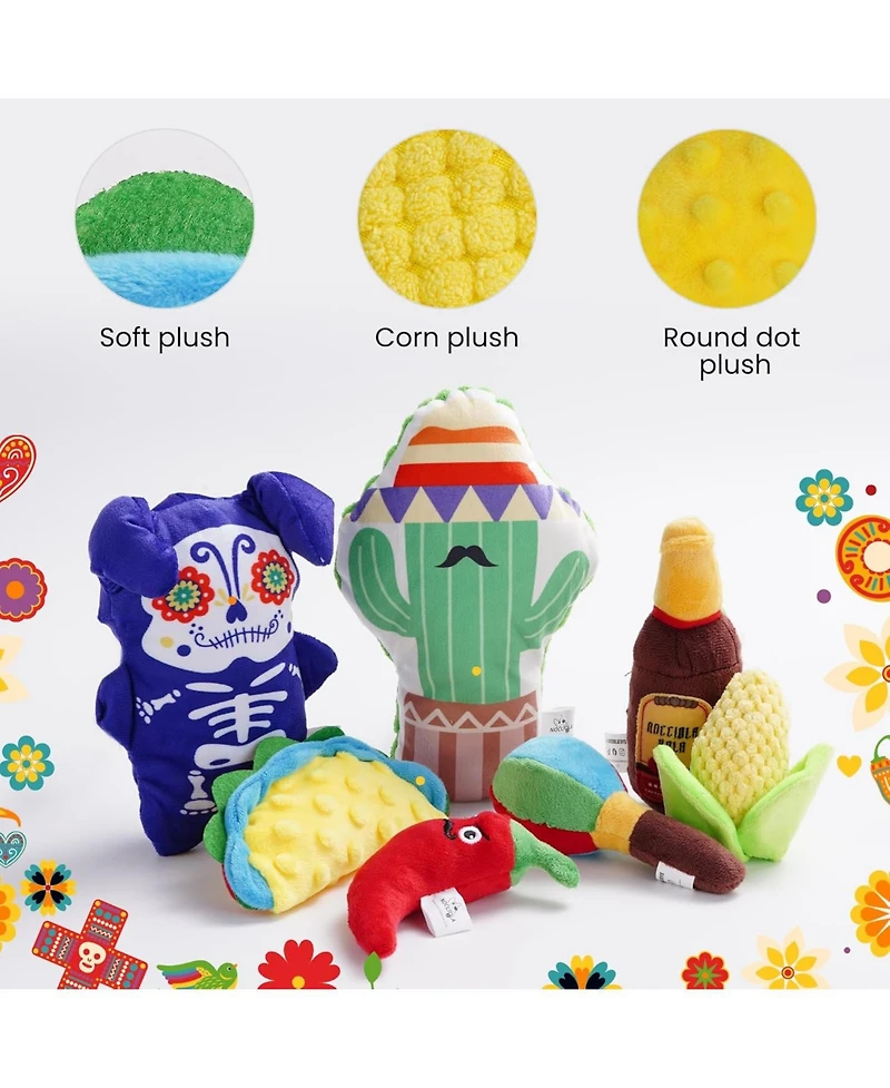 Nocciola Mexican Style Squeaky Dog Toys, Cute Soft Plush Stuffed Crinkle Chew Puppy Toys for Small Medium Breed, 8 Packs