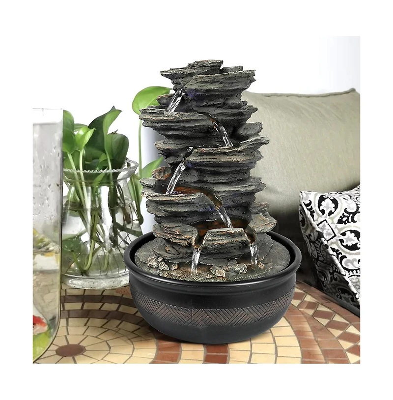 SunJet 15.7” Rock Falls Tabletop Fountain, 5-Tier Indoor Waterfall with Led Lights for Home, Office, Zen Relaxation Decor