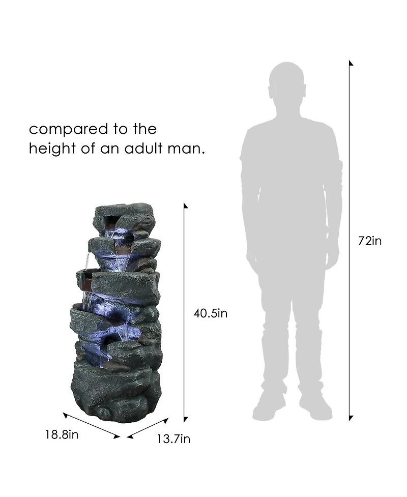 Sunjet 40.5" H 5-Tier Concrete Water Fountain – Indoor/Outdoor Cascading Waterfall with Built-in Led Lights for Home, Garden, Backyard Dec