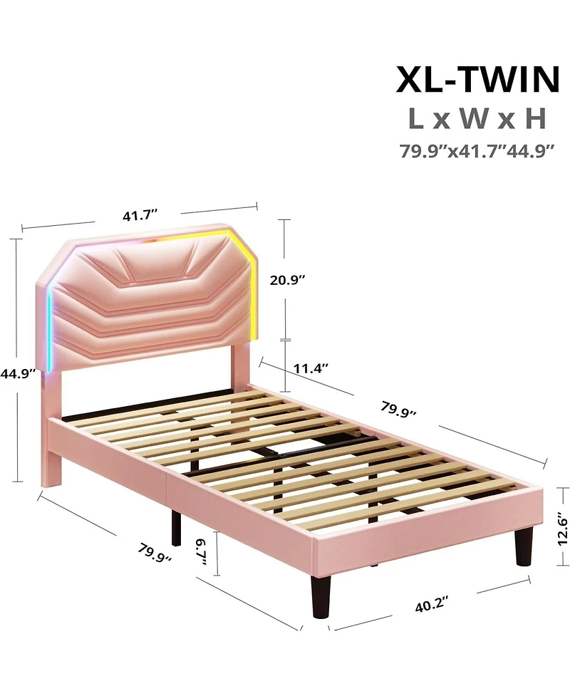 Likimio Twin Xl Bed Frames with Led Light Headboard and Heavy Duty Supports, No Box Spring Need, Noise Free, Easy Assembly, Pink