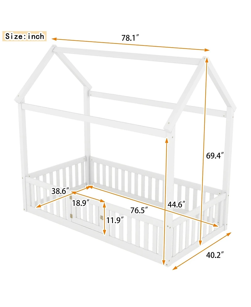 Boyel Living Twin Size Wood House Bed with Fence and Door