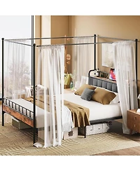 Likimio Canopy Bed Frame Full, Storage Headboard with Charging Station and 4 Removable Sturdy Posts, Noise Free