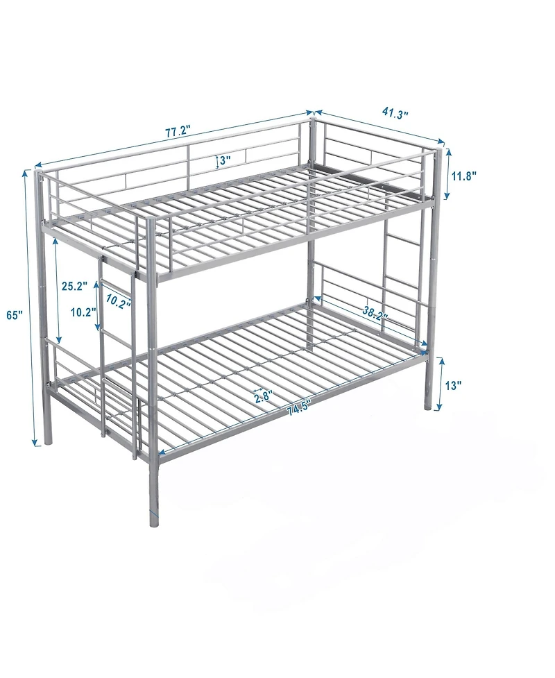 Metal Bunk Bed Silver Twin Over Twin, No Box Spring Needed, Easy Assemble