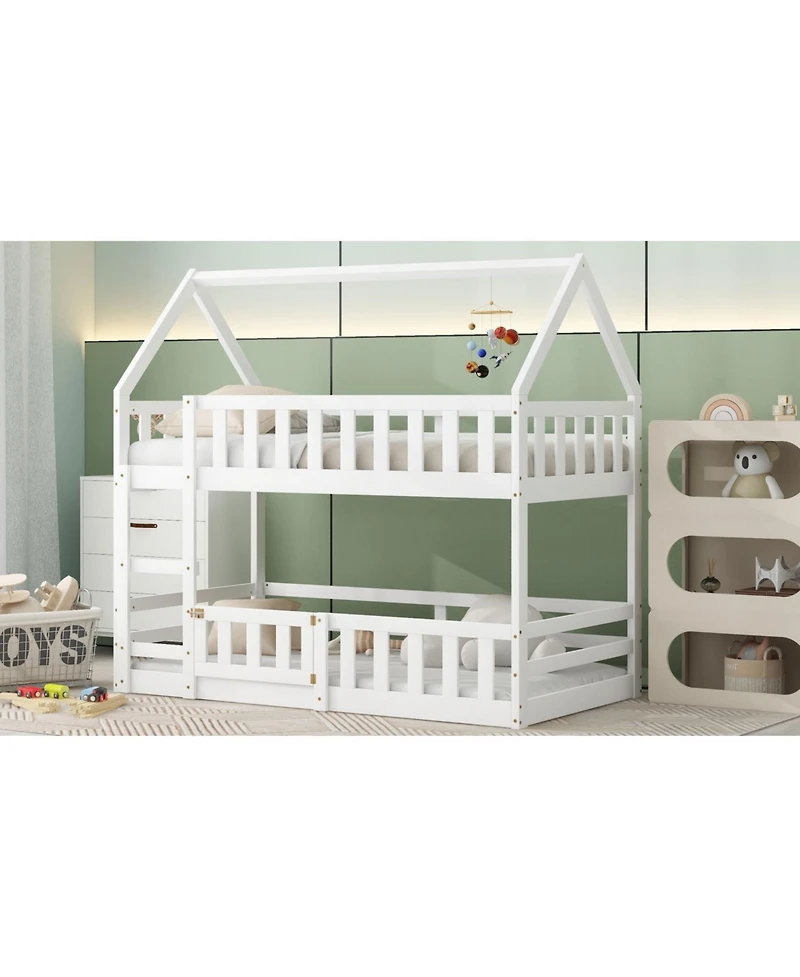 Streamdale Twin over Twin House Bunk Bed with Fence and Door, White