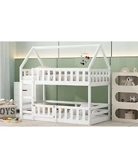 Streamdale Twin over Twin House Bunk Bed with Fence and Door, White