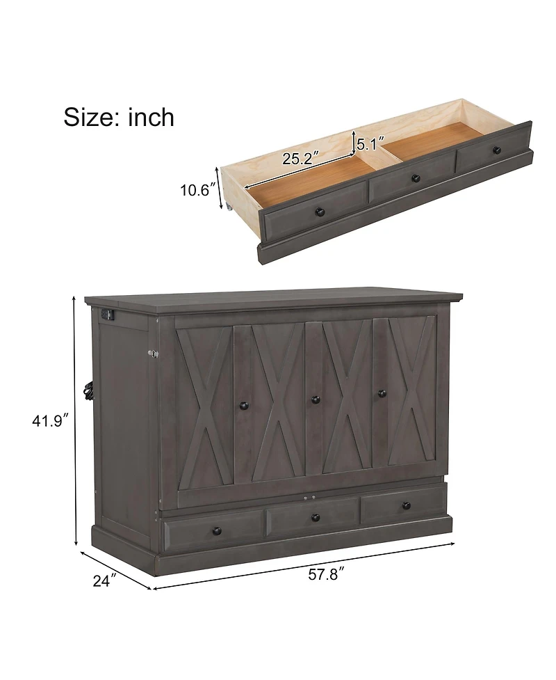 Streamdale Furniture Solid Pine Murphy Bed Chest: Charging Station, Storage, Gray
