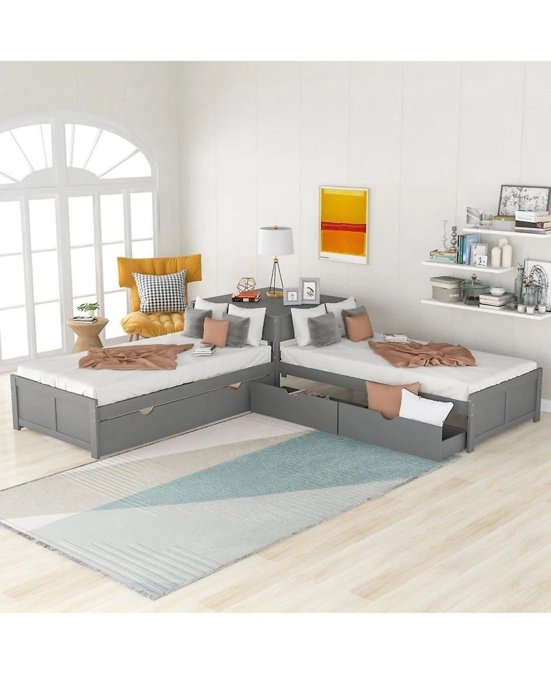Streamdale Furniture Twin L-Shaped Platform Bed with Trundle, Drawers & Desk