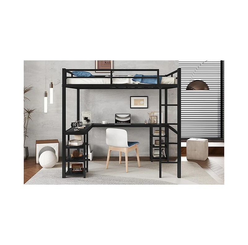 Streamdale Furniture Full Metal Loft Bed with Desk & Shelves