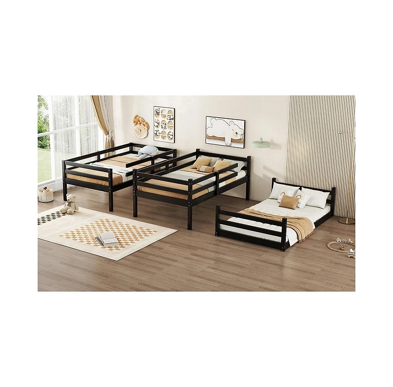 Streamdale Furniture Triple Twin Bunk Bed with Built-in Ladders and Guardrails