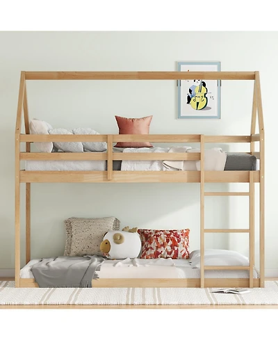 Streamdale Furniture Twin over Twin Rubber Wood Floor Bunk Bed, with ladder,Guardrails,House-Shaped-Bunk Bed,White oak