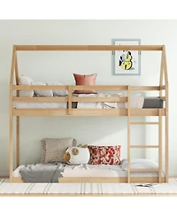 Streamdale Furniture Twin over Twin Rubber Wood Floor Bunk Bed, with ladder,Guardrails,House-Shaped-Bunk Bed,White oak