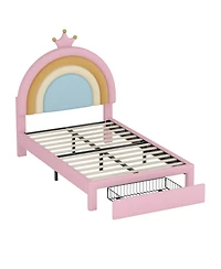 Streamdale Furniture Twin Velvet Princess Platform Bed with Storage, Upholstered Rainbow Design