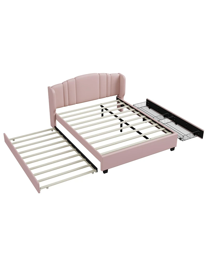 Streamdale Furniture + Queen Upholstered Wingback Headboard, Trundle, Drawers Platform Bed