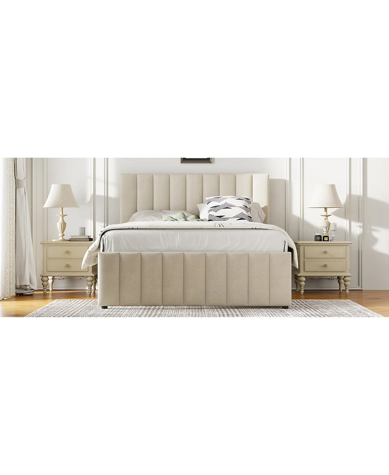 Streamdale Furniture Full Size Upholstered Platform Bed with Twin Size Trundle and 3 Drawers, Linen Fabric, Beige