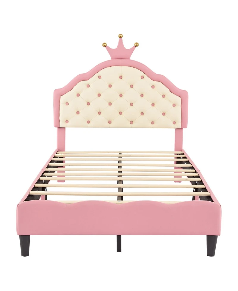 Streamdale Furniture Twin Size Lovely Crown Fantasy Pu Leather Princess Bed with Tufted Headboard, Pink+Cream