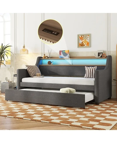 Streamdale Furniture Twin Size Daybed with Trundle Bed, Upholstered Daybed with Charging Station and Led Lights