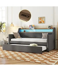 Streamdale Furniture Twin Size Daybed with Trundle Bed, Upholstered Daybed with Charging Station and Led Lights