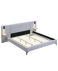 Streamdale Furniture Chic Linen Upholstered Bed with Integrated Lights and Shelves King