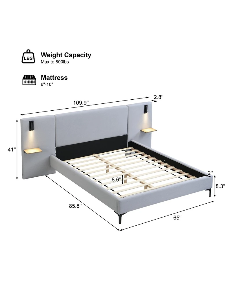 Streamdale Furniture Chic Linen Upholstered Bed with Integrated Lights and Shelves Queen