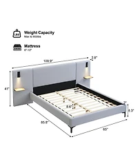 Streamdale Furniture Chic Linen Upholstered Bed with Integrated Lights and Shelves Queen