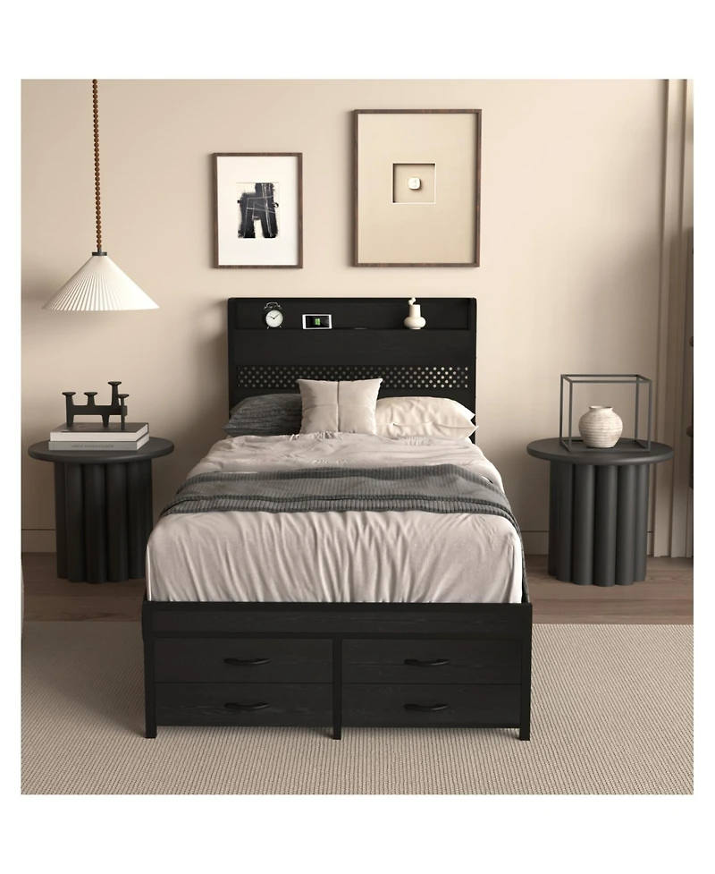 Streamdale Furniture Twin Bed Frame with Storage Black Metal Platform