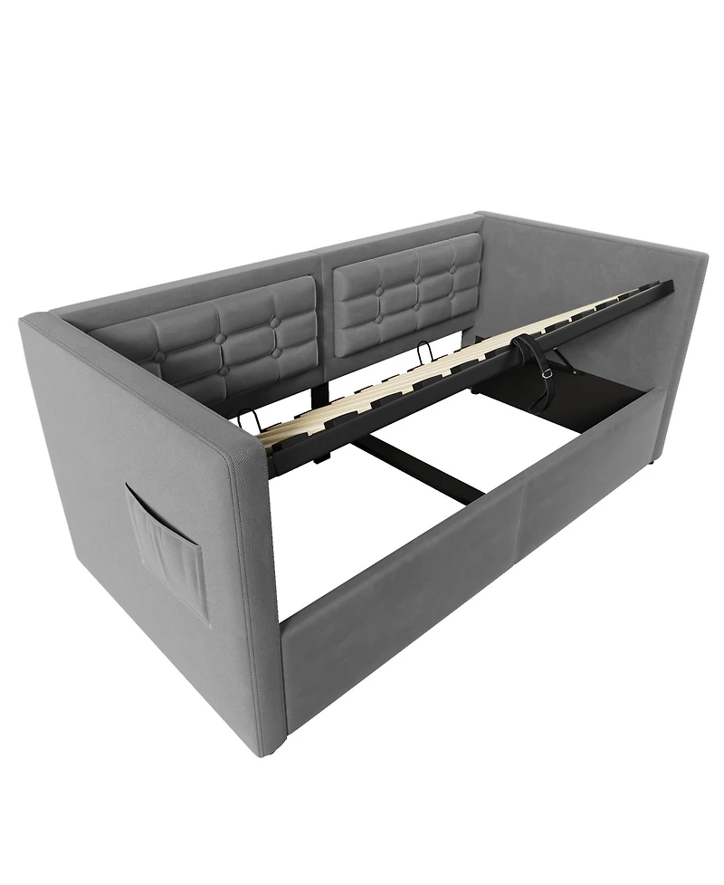 Streamdale Furniture Upholstered Twin Daybed with Hydraulic Storage, Usb Charging, Tufted Back, Gray Velvet