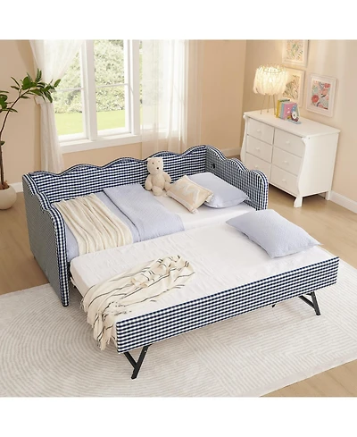 Streamdale Furniture Gingham Daybed with Trundle, Usb Port, Linen, Navy