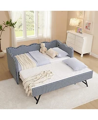 Streamdale Furniture Gingham Daybed with Trundle, Usb Port, Linen, Navy