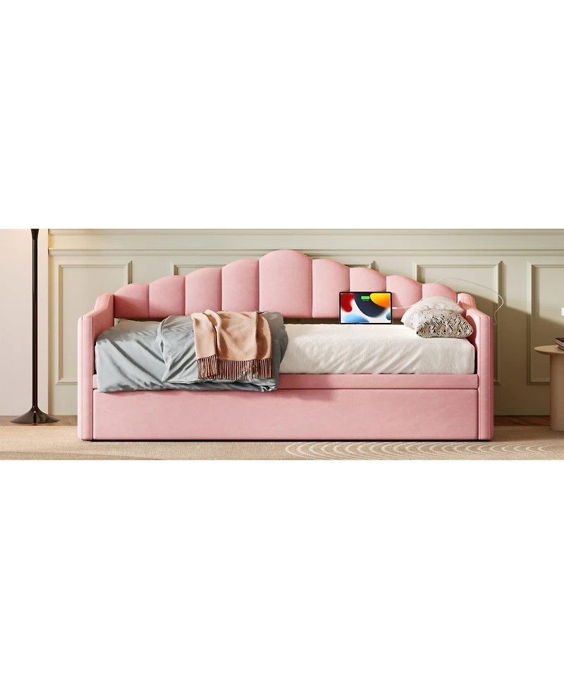 Streamdale Furniture Upholstered Twin Daybed with Pop Up Trundle, Usb Port, Pockets, No Box Spring